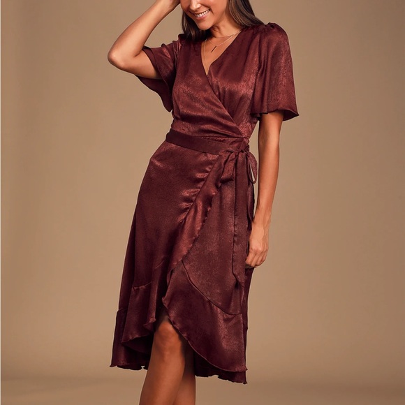 Lulus Wrapped Up In Love Burgundy Satin Faux-Wrap Midi Dress size S - Picture 1 of 10
